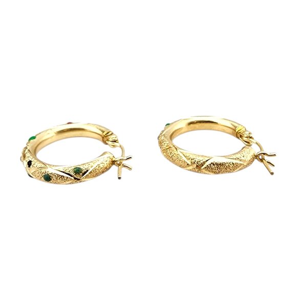 14K Yellow Gold Colored Stones Hoop Earrings #22723 - Picture 3 of 10